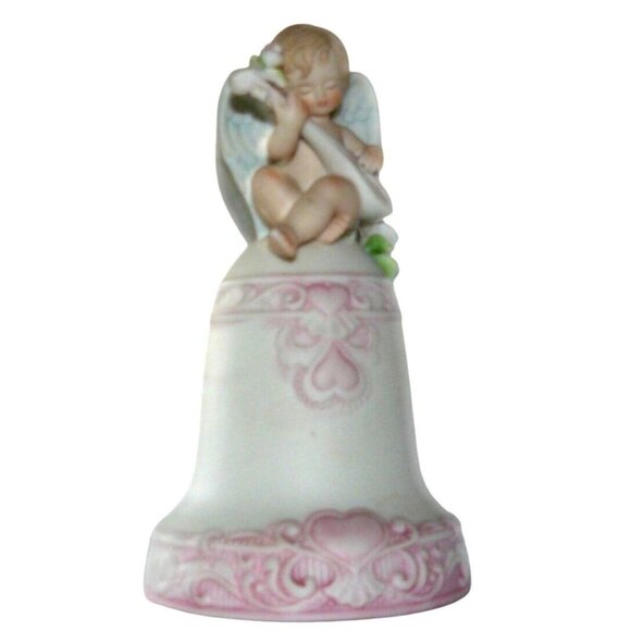 Bisque Porcelain Angel Music Box "Love Me Tender" Bell Pink Heart Enesco Vintage - Picture 6 of 9